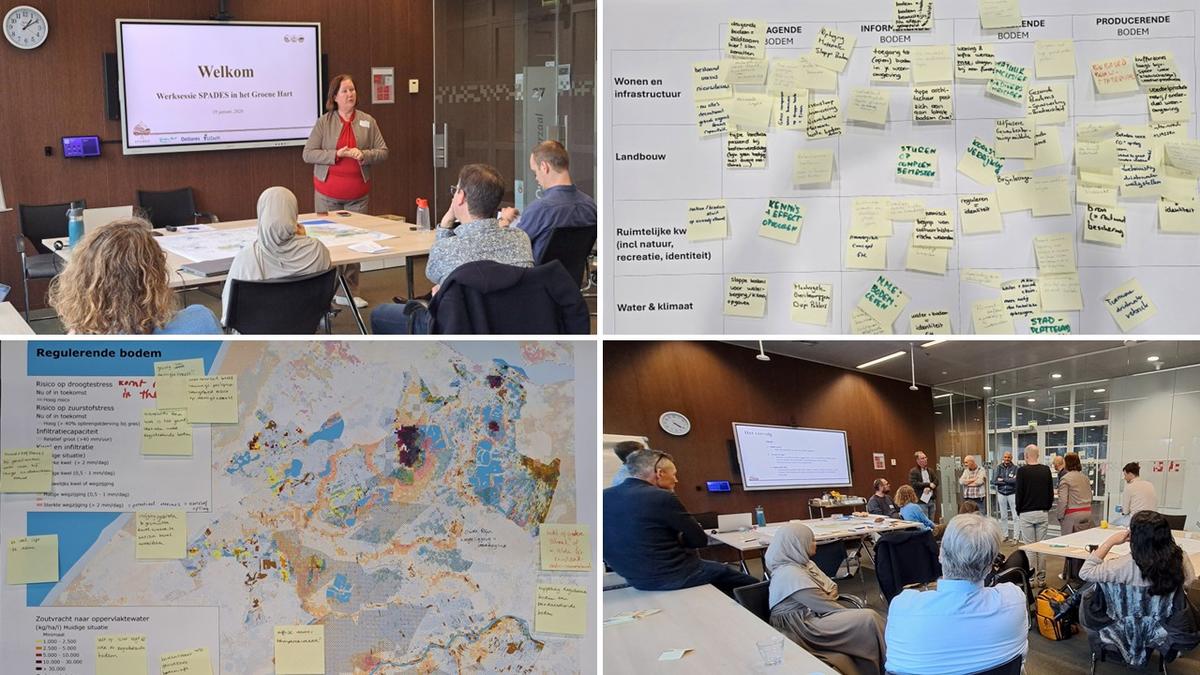 Collage of independent images from the event. Top left: People in a session. Top Right: Post it notes. Bottom left: A map with post it notes. Bottom right: People in a session. 